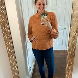 Solitaire Orange Gray Knit Soft Cozy Long Sleeve Sweater Funnel Turtle Neck